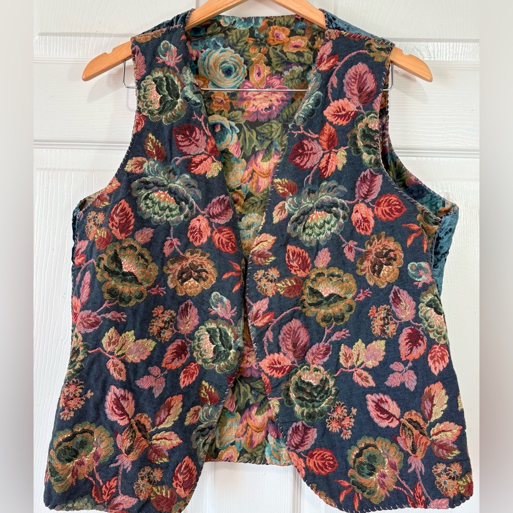 VTG Handmade Waistcoat Vest Floral Brocade Tapestry Crushed Velvet Back Large
